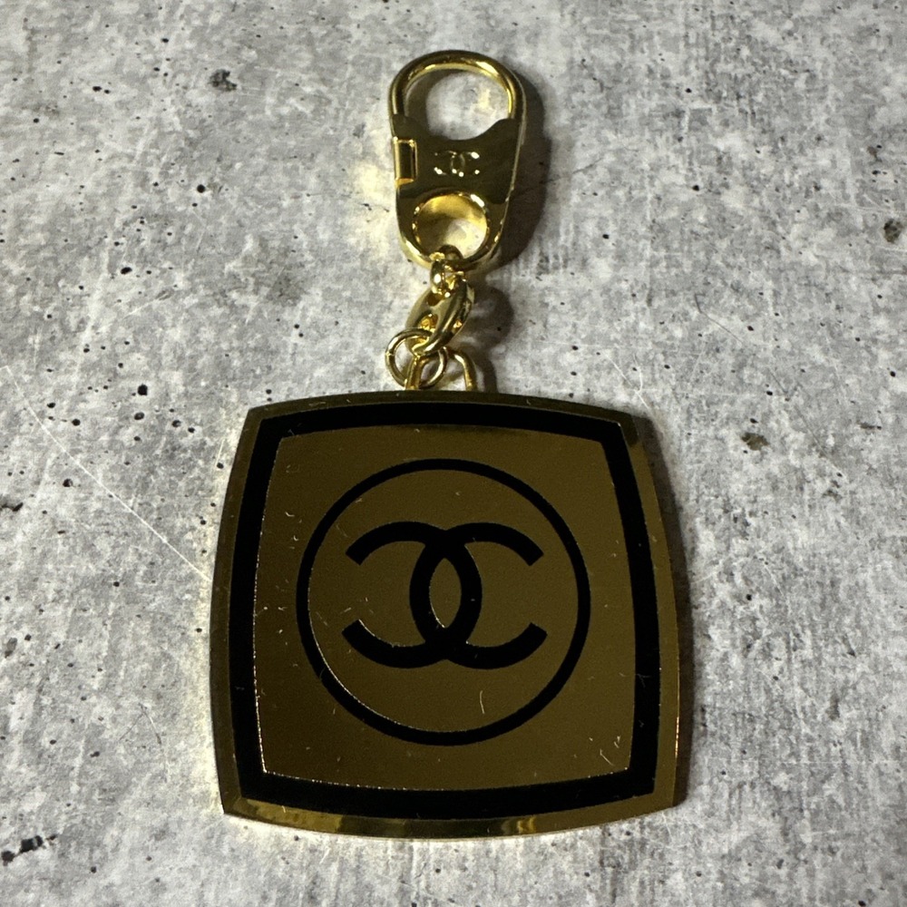 VINTAGE CHANEL Beauty Bag Charm Black/Gold Color Key Chain Ring
